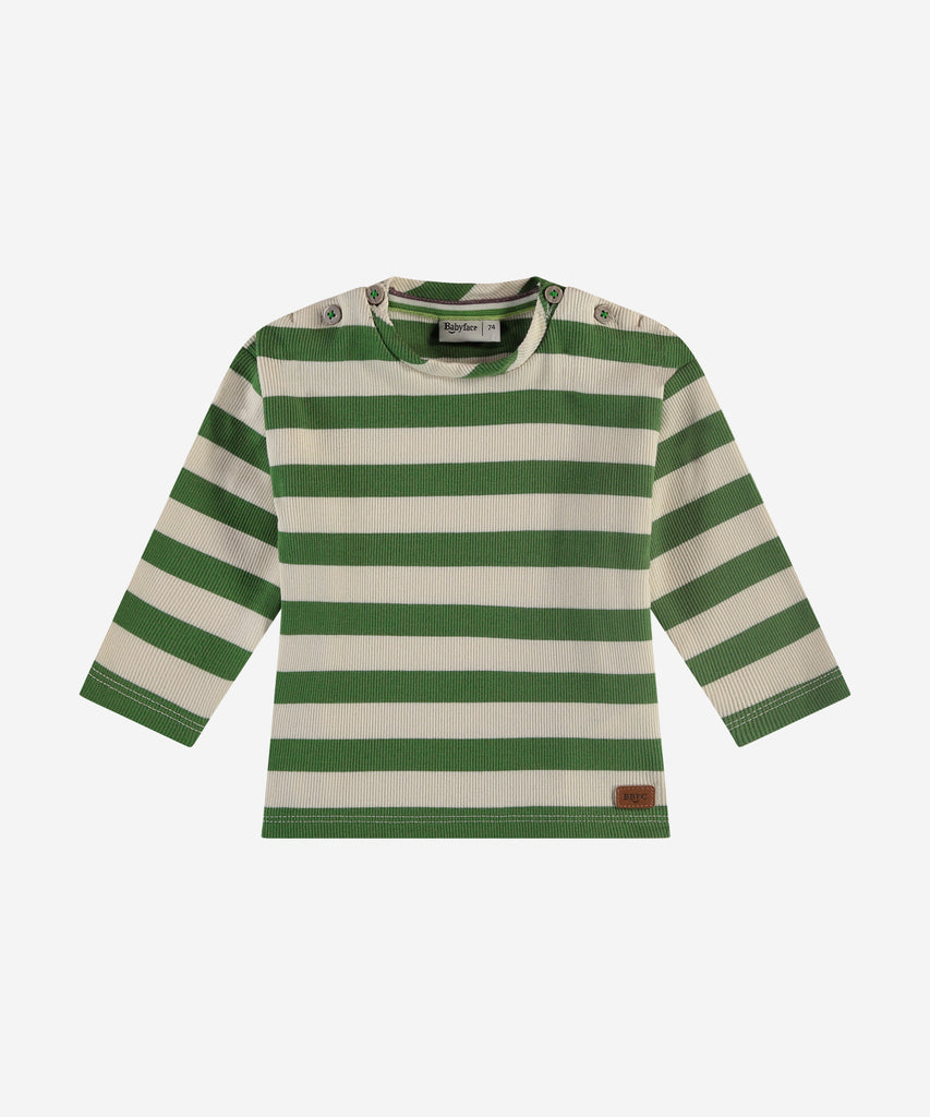 Details: Dress your little one in style with our Baby LS Rib T-Shirt in Grass Green. This comfortable and versatile t-shirt features long sleeves, a round neckline, and trendy green and cream stripes. Plus, the convenient pushbuttons on the side make dressing a breeze. Your baby will look and feel great in this must-have wardrobe staple.  Color: Grass green cream  Composition:   95% BCI cotton/5% elasthan  
