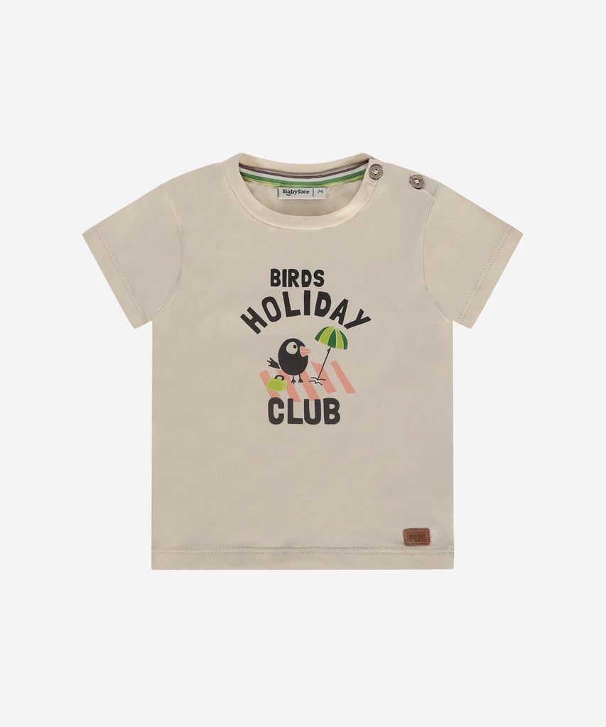 Details: This baby t-shirt features a charming holiday club print on the front, perfect for your little one's warm-weather adventures. Made with a cozy round neckline and short sleeves, it offers comfort and style for your baby's daily wear.  Color: Cream  Composition:  95% cotton/5% elasthan  