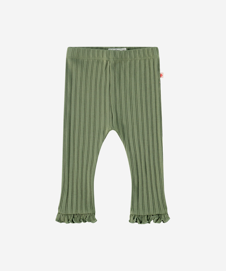 Details: "Made with soft ribbed fabric, our Baby Rib Leggings in moss green provide comfort and flexibility for your little one. The elastic waistband ensures a secure fit, while the frill detailing adds a playful touch. Perfect for everyday wear or special occasions."   Color: Moss green  Composition: 95% BCI cotton/5% elasthan  