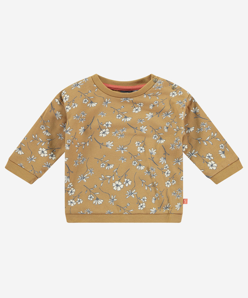 Details:  Keep your little one warm and cozy with this beautiful Baby Sweatshirt with all-over floral print. Crafted from a high quality cotton blend, it features long sleeves and an incredibly soft feel, making it the perfect choice to keep your precious one comfortable all day long. Easy opening with 2 push buttons on side of the collar.  Round Neckline.   Color: Curry  Composition:   95% BCI cotton/5% elasthan  