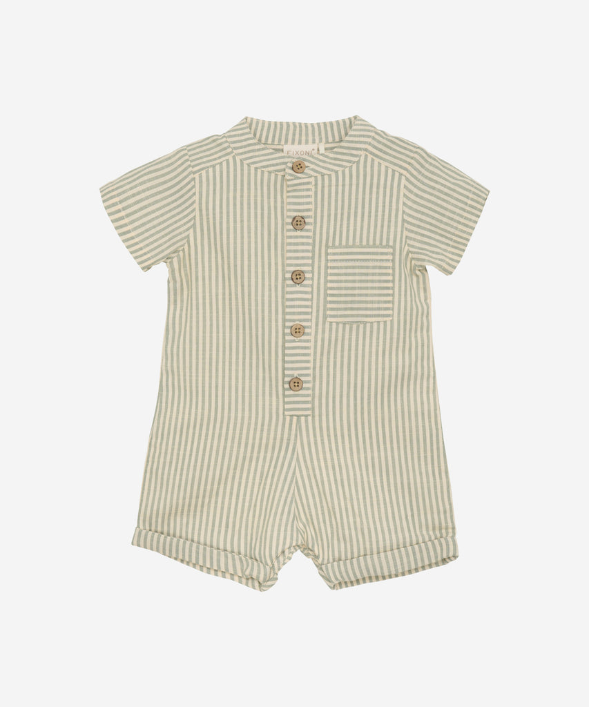 Details:  This short sleeve baby jumpsuit features a classic round neckline, stripes, pocket, and buttoned front for easy dressing. Perfect for warmer weather, this lightweight and breathable suit is both stylish and functional for your little one.  Color: Beige  Composition:  Organic Woven Yarndyed 100% Cotton  