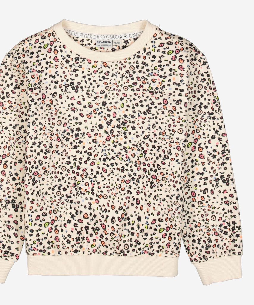 Details:  This sweatshirt features a unique multi-colored leopard pattern, providing a stylish and eye-catching look. With a comfortable round neckline and ribbed arm cuffs and waistband, it offers both fashion and function. Stay warm and fashionable with this off-white sweatshirt.  Color: Multi colored off white   Composition:  100% Cotton   