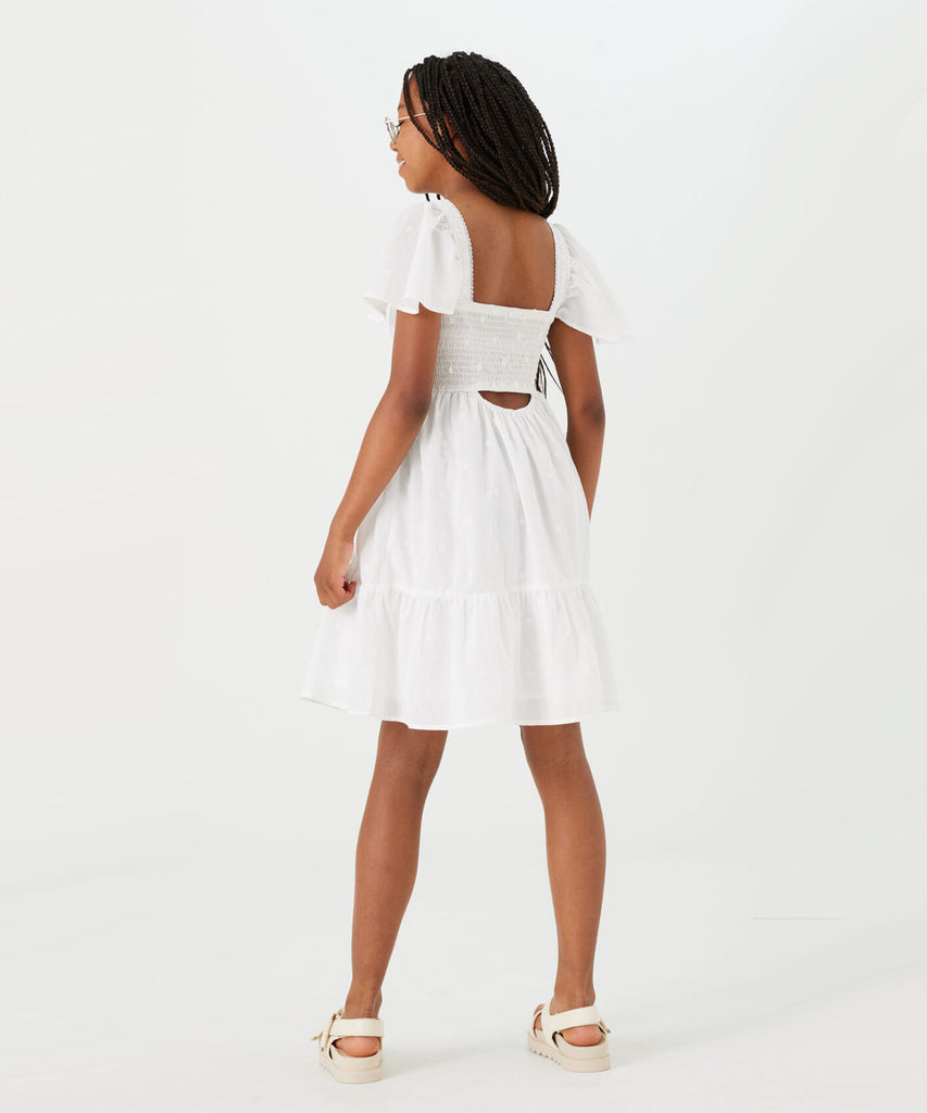 Details:  This off-white woven lace dress features delicate embroideries and short sleeves. Elegant and versatile, this dress is perfect for any occasion. Made with high-quality materials, it is both stylish and comfortable, making it a must-have in any wardrobe. Elevate your wardrobe today.   Color: Off white  Composition:  100% Cotton 