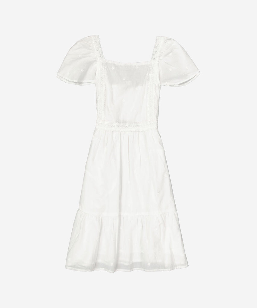 Details:  This off-white woven lace dress features delicate embroideries and short sleeves. Elegant and versatile, this dress is perfect for any occasion. Made with high-quality materials, it is both stylish and comfortable, making it a must-have in any wardrobe. Elevate your wardrobe today.   Color: Off white  Composition:  100% Cotton 