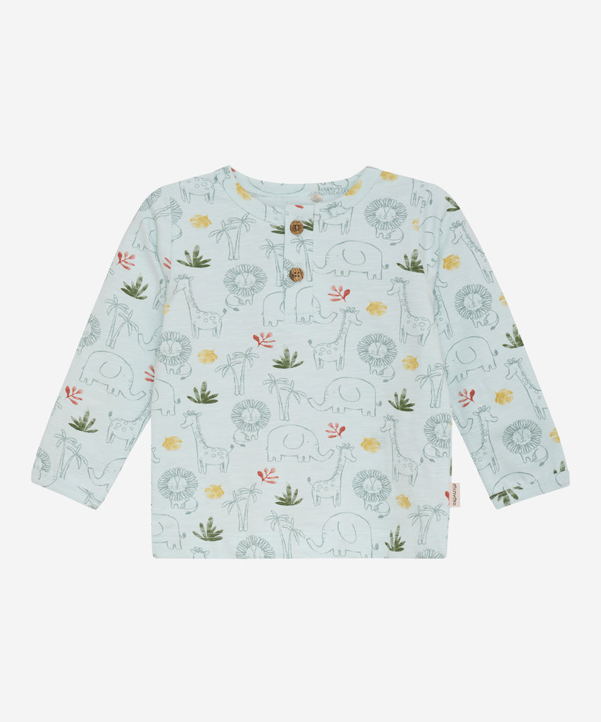 Details: This baby long sleeve t-shirt features a misty blue all-over print of adorable animals. The round neckline adds comfort and the 2-button front allows for easy dressing. Made with high-quality material, it's perfect for keeping your little one cozy and stylish.   Color: Misty blue  Composition:  Organic Singlejersey-slub yarn 95% Cotton/ 5% Elastane  