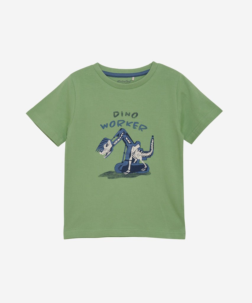 Details: This boys' green t-shirt is perfect for any young dinosaur enthusiast. The short sleeves and round neckline provide comfort and ease of movement, while the Dino  Worker print on the front adds a touch of adventure. Made from high-quality materials, it's durable and machine washable.    Color: Aspen green  Composition:  Organic Single Jersey 95% Cotton/ 5% Elastane  