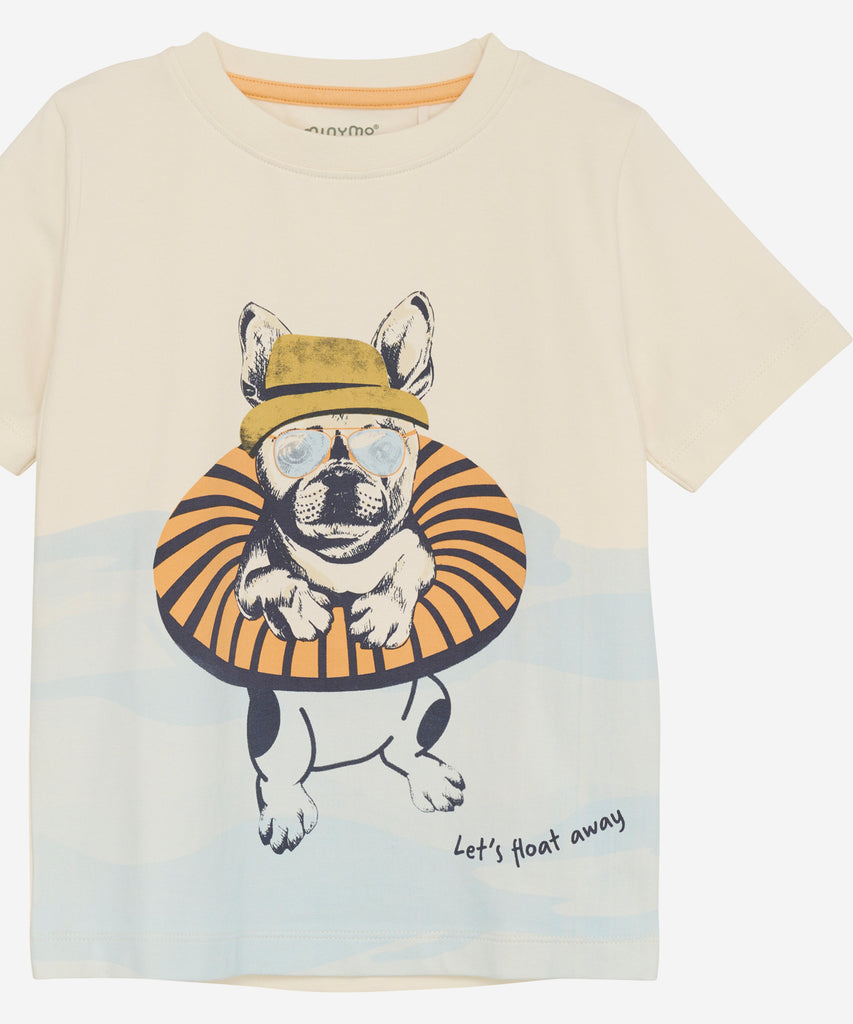 Details: This short sleeve t-shirt boasts a round neckline and an adorable print of a swimming pug on the front. Made from pristine white fabric, it offers both style and comfort. Perfect for pug lovers and anyone looking to make a statement with their outfit.  Color: Pristine white  Composition:  Organic Single Jersey 95% Cotton/ 5% Elastane  