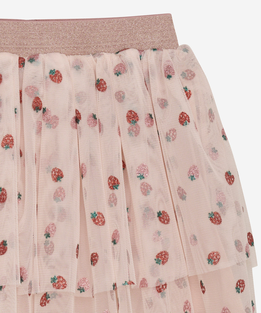 Details: Introducing the Tulle Skirt AO Glitter Strawberries Villa Rose. This elegant skirt features an elastic waistband and is adorned with a playful print of glitter strawberries in villa rose. Perfect for adding a touch of glamour to any outfit.  Color: Villa rose  Composition:  Mesh w.glitter 100% Polyester  