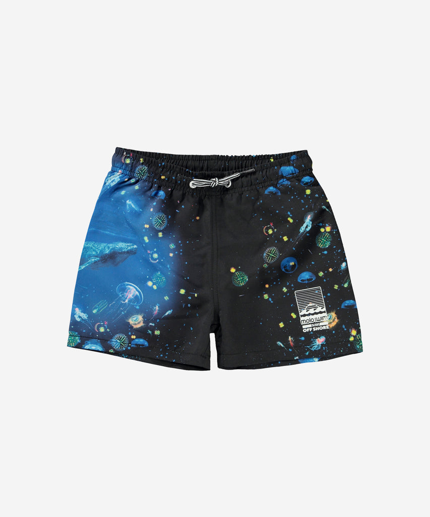 Details: Niko is a pair of sporty swim shorts in black and blue with a sea print. Niko has an elastic waist with ties to ensure a comfortable fit. Molo's swimwear has 50+ UV protection.  This Molo product is recycled and made from REPREVE reusable polyester.  Color: Black blue  Composition: 100% Polyester recycled from post-consumer waste  