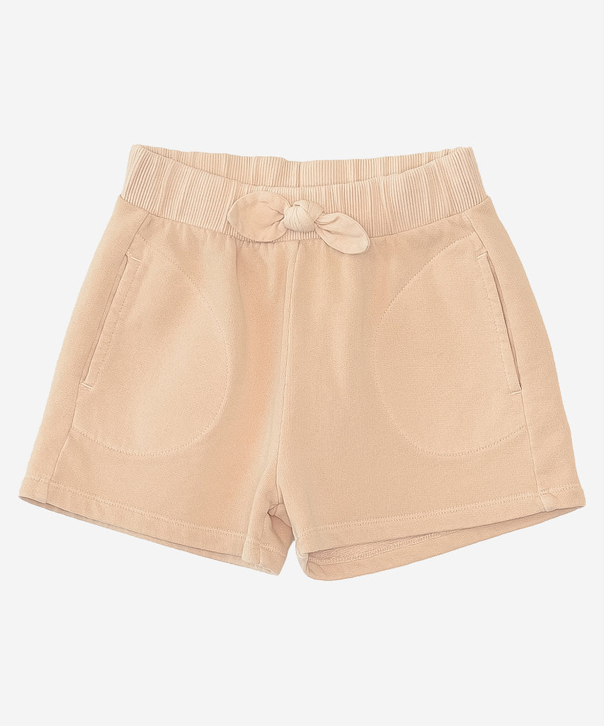 Details: These jersey-stitch shorts are made of a mixture of organic cotton and cotton, Slow colour. The model has an elastic waist, a decorative bow and front pockets.  Colour: Pale vintage rose  Composition:  70.0% Organic Cotton,30.0% Cotton 