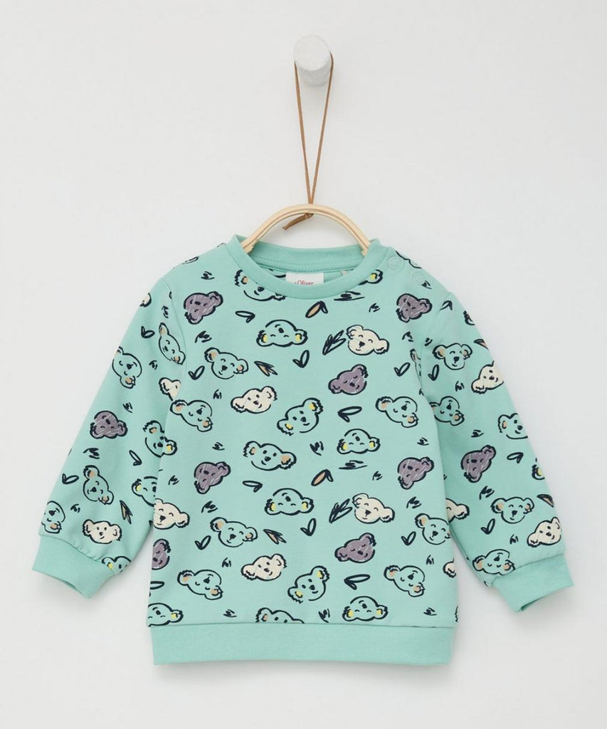 Details: Introduce your little one to cozy comfort with our Baby Sweatshirt AOP Koala Mint. Crafted in mint green with an all over print of adorable koalas, our sweatshirt features a round neckline and ribbed arm cuffs and waistband for a snug fit. Keep your baby stylish all day long.  Color: Mint  Composition: 095%CO 005%EL   