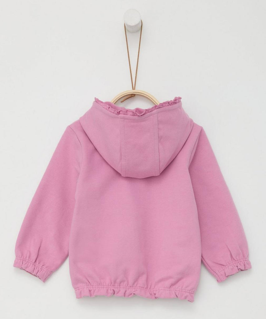 Details:  This adorable baby hooded cardigan in dark rose features elastic arm cuffs and waistband for a comfortable fit. The zip closure makes it easy to put on and take off, perfect for parents on the go.  Color: Dark rose  Composition:   095%CO 005%EL   