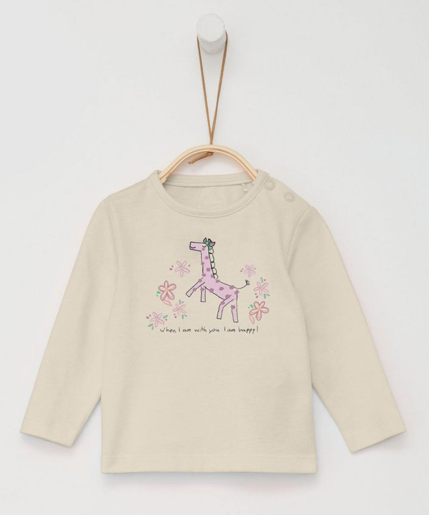 Details:This Baby long sleeve T-Shirt is a hoot! The Giraffe print is sure to make your little one look extra adorable, and the push-button shoulders make life a breeze! Perfect for cuddling and playing!  Color: Almond  Composition: CO100%   