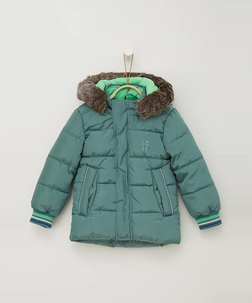Details:  Hooded winter jacket with fake fur and zip closure. Warm lining inside. Two pockets. Ribbed arm cuffs.  Color: Blue green  Composition: 100% PES 