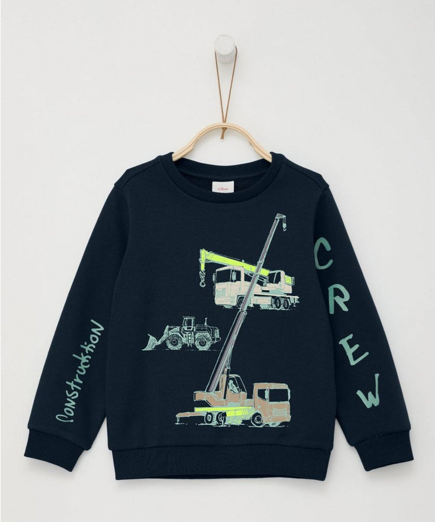 Details:   This boys' sweatshirt features a unique construction crew print, perfect for little ones who love vehicles. The round neckline and ribbed arm cuffs and waistband provide a comfortable fit. Made from high-quality materials, this sweatshirt is sure to keep your child warm and cozy.  Color: Navy blue  Composition: 090%CO 010%PES  