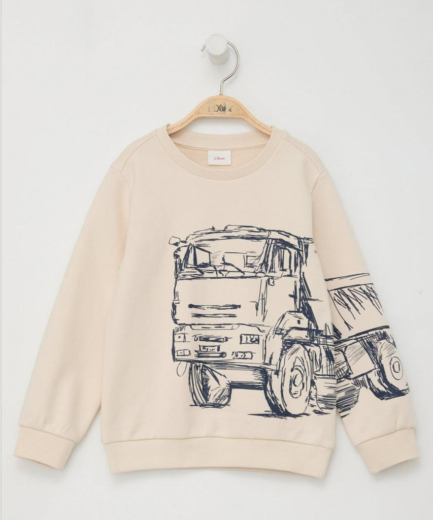 Details:   This boys' sweatshirt features a unique truck print, perfect for little ones who love vehicles. The round neckline and ribbed arm cuffs and waistband provide a comfortable fit. Made from high-quality materials, this sweatshirt is sure to keep your child warm and cozy.  Color: Almond  Composition: 090%CO 010%PES  