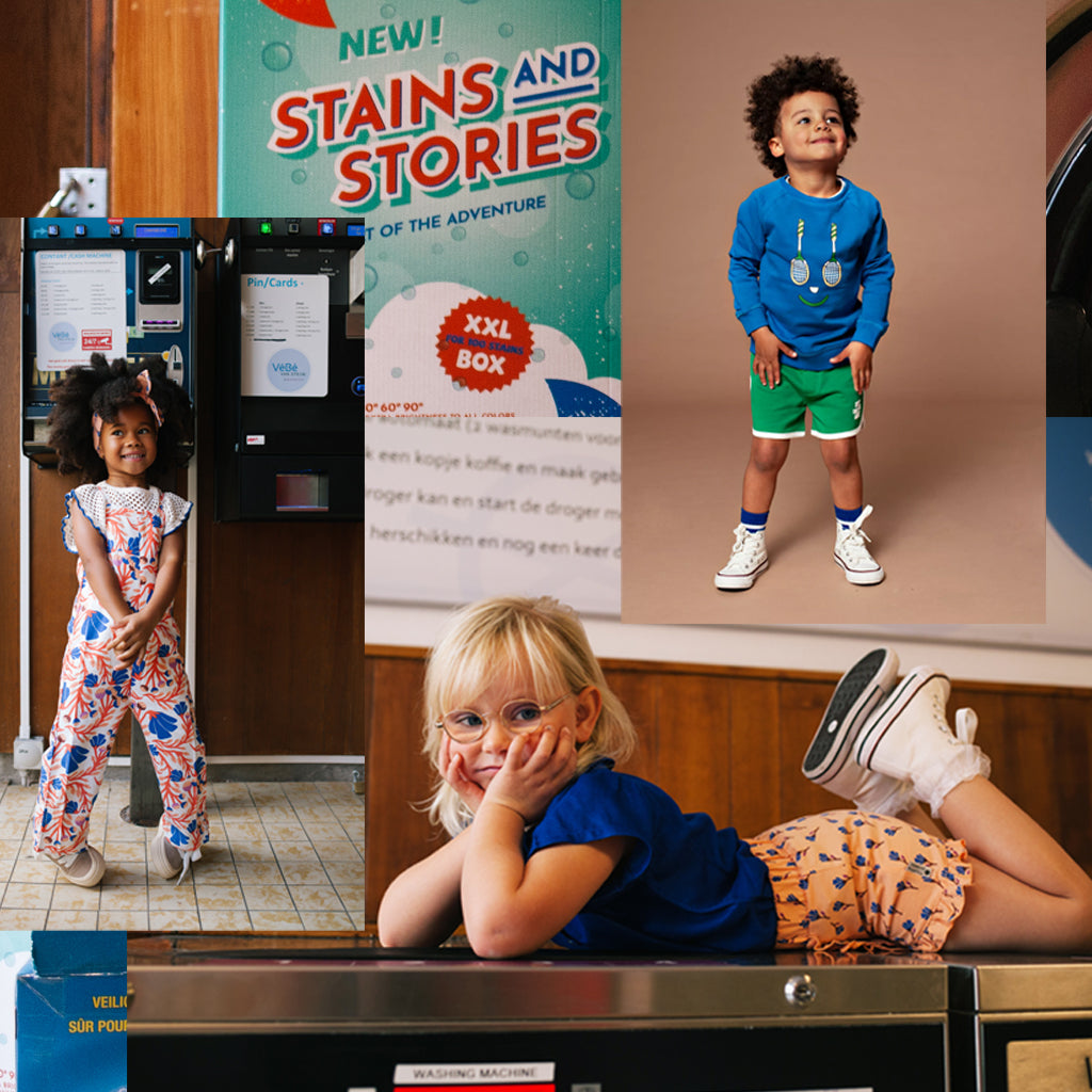 three images of the stains and stories collection taken in a wash salon, kids wearing an jumpsuit, a sweater with tennis rackets and a girl wearing a skort