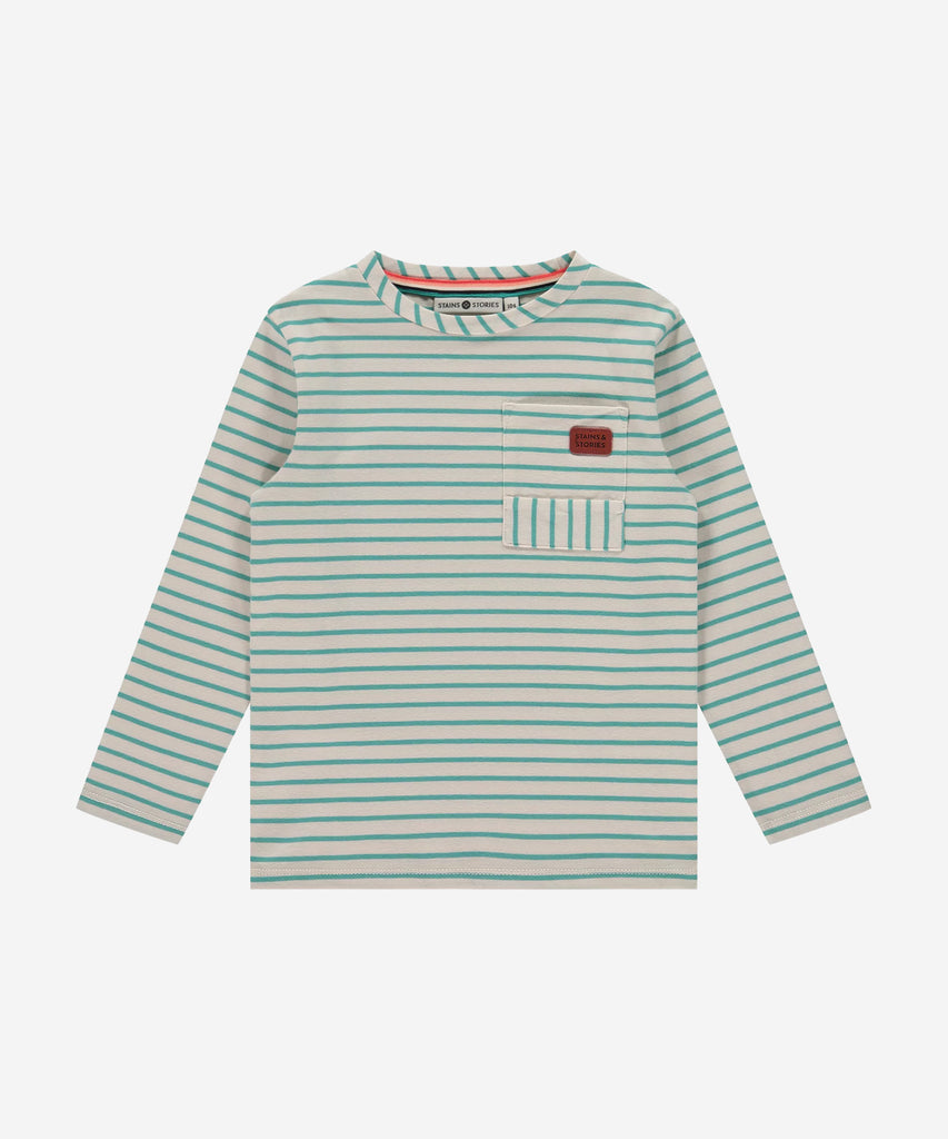 Details: Expertly crafted with a classic yet trendy design, our LS Pocket T-Shirt Stripe Turquoise is a must-have for any wardrobe. This long sleeve t-shirt features stylish stripes in refreshing turquoise and crisp white, along with a convenient pocket. Perfect for adding a touch of style to any outfit.  Up to size 92, easy opening with 2 push buttons on the side of the collar. Round Neckline.   Color: Turquoise  Composition: 95% BCI cotton/5% elasthan 