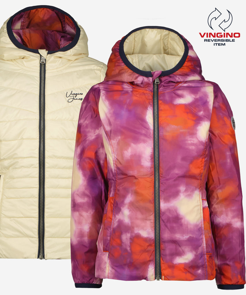 Details:  Stay dry and stylish in the Tijnja rev. Padded Spring Jacket. This hooded outdoor jacket features a versatile reversible design with a champagne side and a ombre purple side. With a zip closure and two side pockets, it's perfect for any outdoor adventure. Plus, its water repellent material will keep you protected from the elements.  Color: Champagne purple  Composition: 100% Polyester   