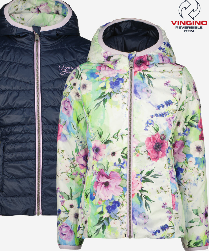 Details:  Stay dry and stylish in the Tijnja rev. Padded Spring Jacket. This hooded outdoor jacket features a versatile reversible design with a dark blue side and a floral all over print side. With a zip closure and two side pockets, it's perfect for any outdoor adventure. Plus, its water repellent material will keep you protected from the elements.  Color: Dark blue cream  Composition: 100% Polyester  