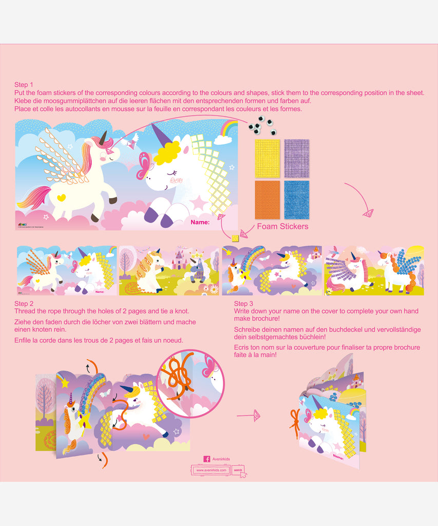 AVENIR   Mosaic Junior Pixelation Art -  Unicorns   A fun DIY activity for kids. Create colourful unicorn mosaics! Large foam stickers make it easy to achieve a great work of art – simply peel off the backing and match up the colours and shapes for a result to be proud of.  Children can improve their coordination and perception of colour by matching the foam stickers with the correct colours and shapes.  Age: 3+ Contains: 4 Mosaic Sheet, 600+ Foam Sticker, Plaistic eyes, 1 tape