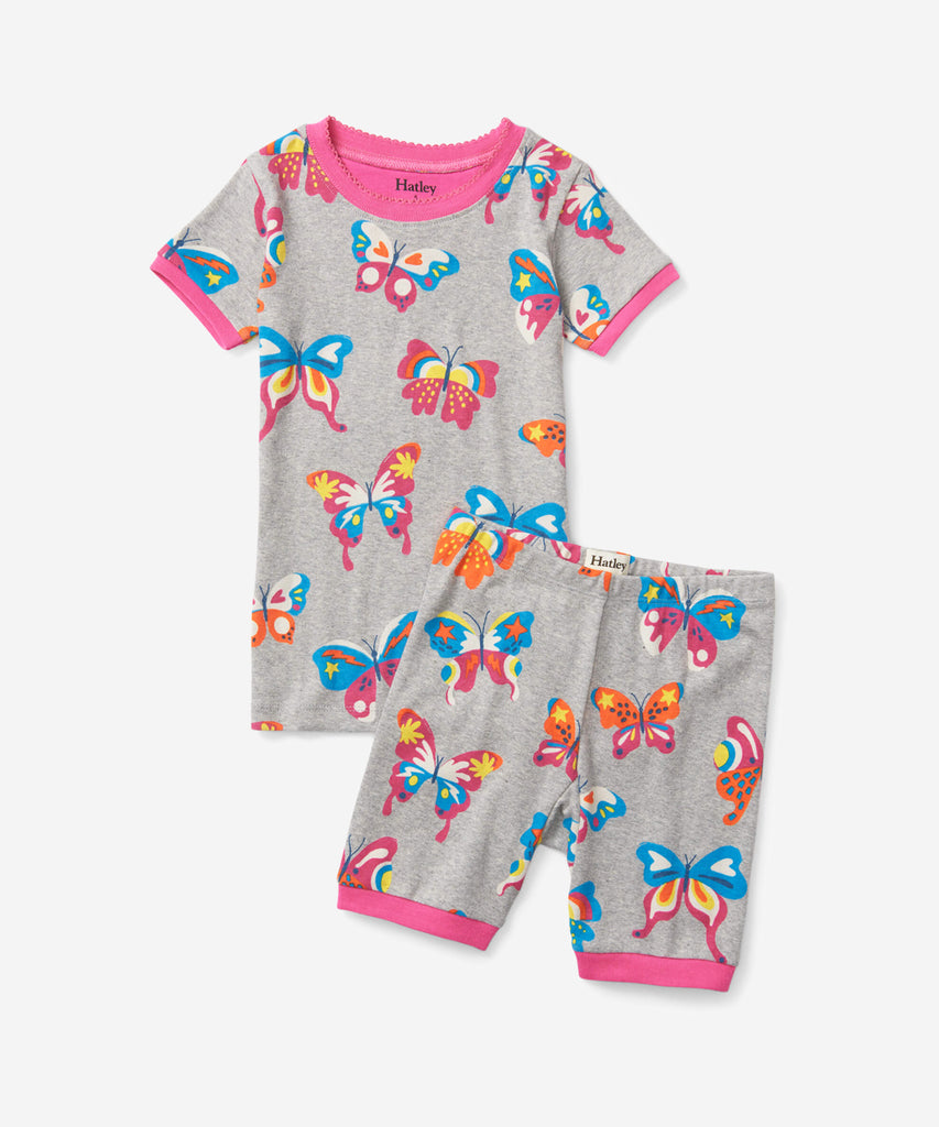 Details: Nothing will keep them cooler on those warm summer nights than this cozy Pyjama set! Featuring short sleeves, a short pant, all over print butterflies and crafted from organic cotton, these are sure to make summer sleep a breeze.  Color: grey pink  Composition: 100% organic cotton. 
