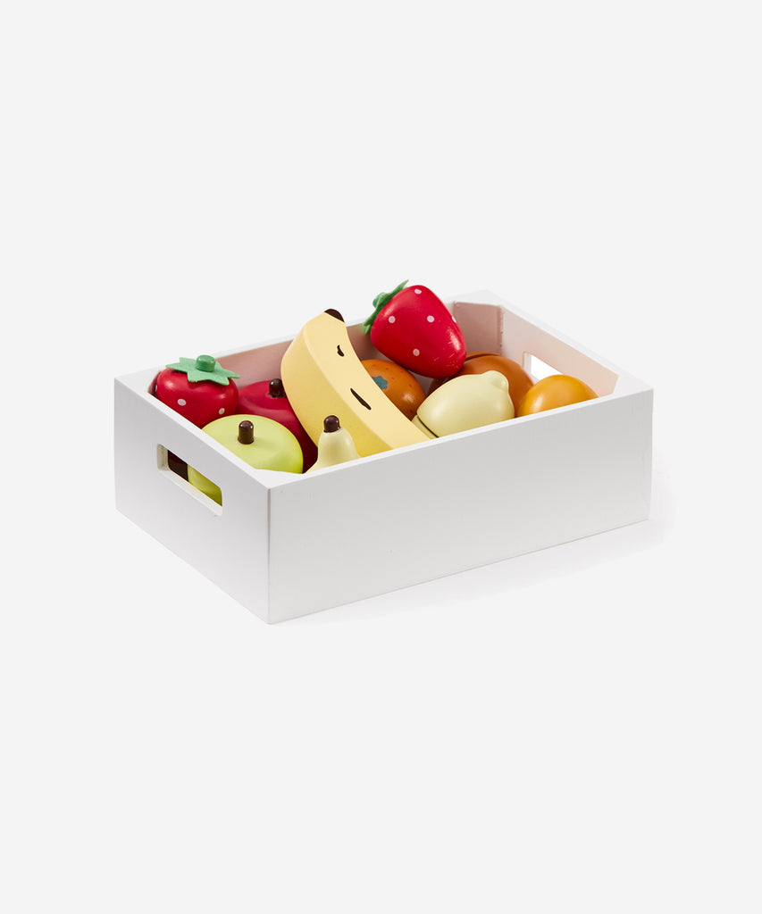 Kid's Concept  A mixed wooden box of fruit. Banana, kiwi fruit, strawberries, apple, pear and oranges. The orange and kiwi fruit can be divided into two pieces and put back together again with velcro. Age: 3y+  Size: 13 pieces: fruit box: 18x12x5,5 cm. Banana: 11.5 cm. Rest of the fruits: 4.5x4.5x5 cm.  Color: Multi color 