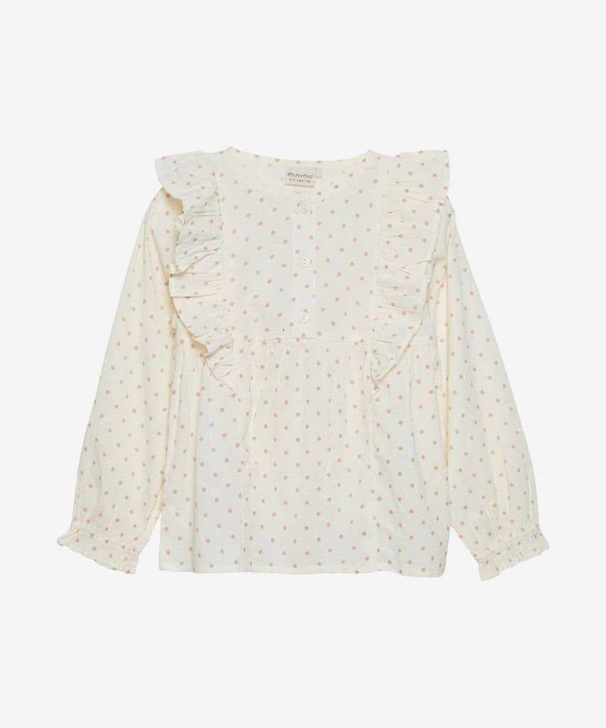 Details: Long sleeve woven Blouse with dots and frills. Round Neckline.  Color: seedpearl  Composition:  100% Cotton    