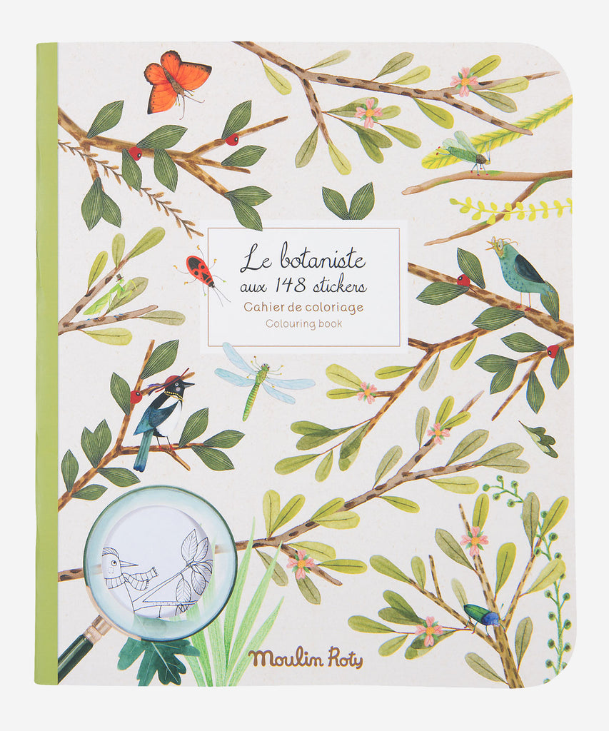 MOULIN ROTY Product description Colouring book Le Botaniste with 148 stickers on the theme of the 4 seasons. Turn the pages to discover flora and fauna depicted in their natural habitat, then grouped together on the pages with their names so children can learn to recognise them!
