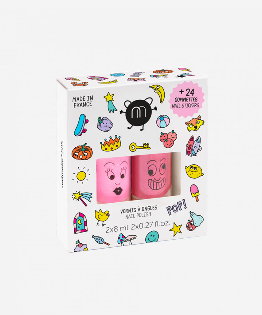 Nailmatic POP means loads of fairy times in our world. With this duo of pink polishes, along with a pack of nail stickers, the kids will be thrilled!!  100% Kids, 100% Fun set: - 2 water-based nail polishes : Dolly (pearly neon pink) + Kitty (candy pink glitter) - Easy-to-use nail 24 stickers sheet with colourful designs