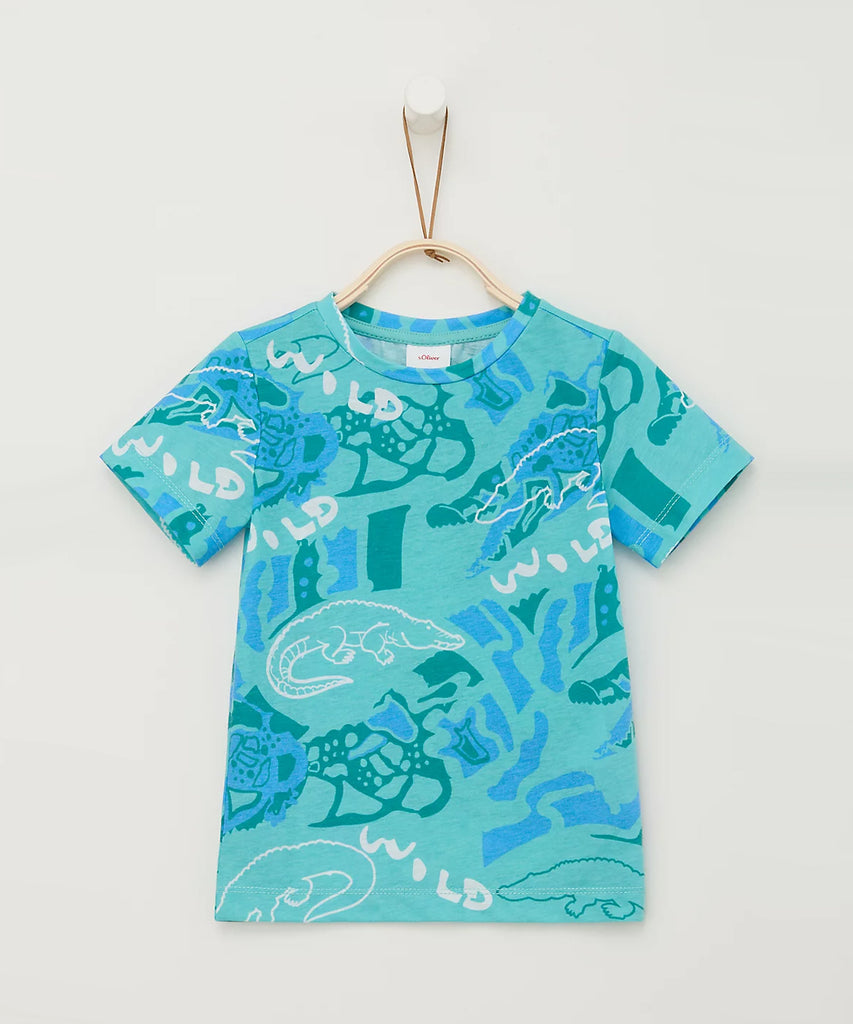 Details: Short sleeve t-shirt with all over print crocodile. Round Neckline.  Color: Aqua blue  Composition: PES080% CO020%  