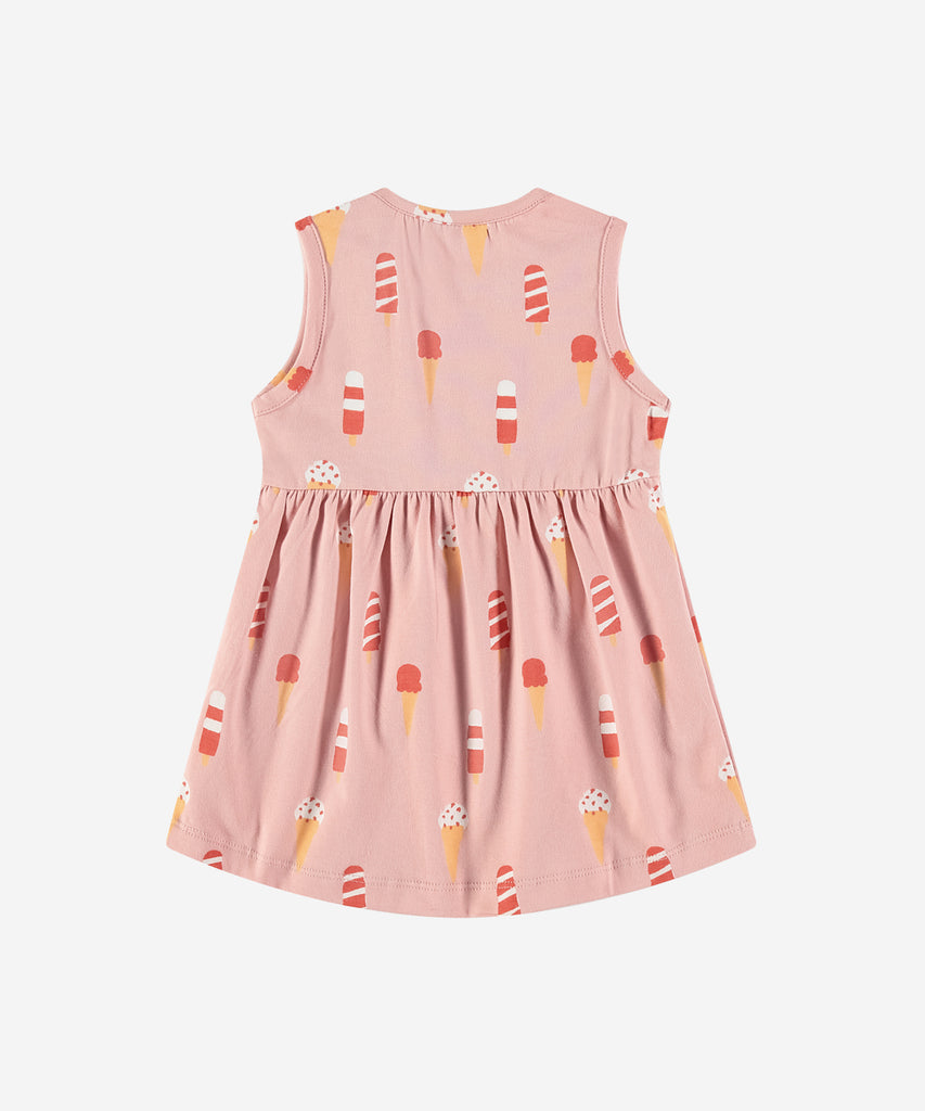 <strong>Details:</strong>&nbsp; This baby dress features a charming all over ice cream print and a round neckline for a comfortable fit. Its short sleeves are perfect for warmer days, making it a must-have addition to your little one's wardrobe. Dress your baby in style and comfort with this adorable piece.&nbsp;<br><strong>Color</strong>: Pink&nbsp;<br><strong>Composition</strong>: &nbsp; 95% BCI cotton/5% elasthan &nbsp;