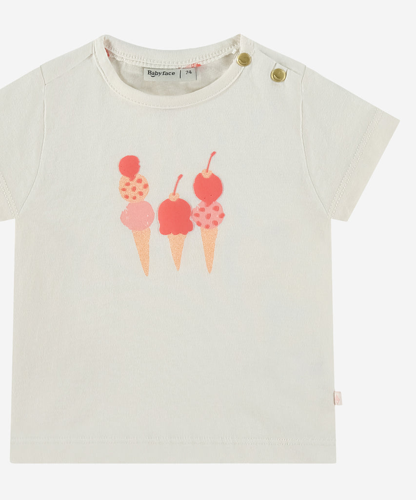 <strong>Details: </strong>This baby t-shirt features a charming ice cream print on the front, adding a touch of sweetness to any outfit. The rounded neckline provides comfort and ease for your little one. Give your baby a cute and stylish look with this bonjour cantaloupe t-shirt. Buttons on the side for easy dressing.&nbsp;&nbsp;<br><strong>Color</strong>: Ivory&nbsp;<br><strong>Composition</strong>: &nbsp;95% cotton/5% elasthan &nbsp;