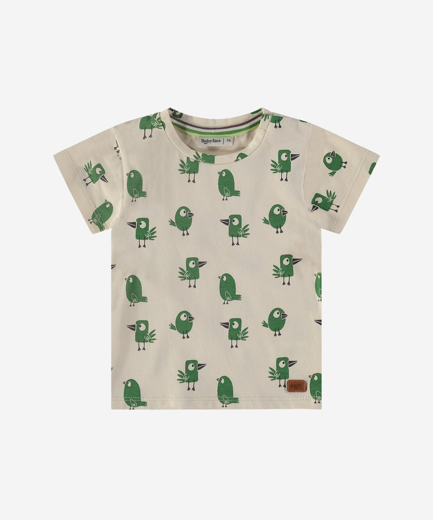 Details:  Introduce your little one to their bird friends with this adorable short sleeve t-shirt. The all over print features cute and playful characters, and the easy opening design with push buttons makes dressing a breeze. With a comfortable round neckline, your baby will be ready to groove all day long.  Color: Cream  Composition:  95% cotton/5% elasthan  