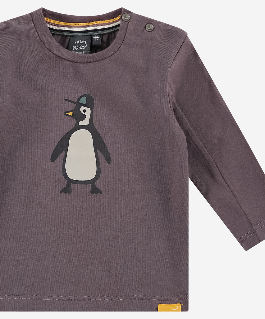 Details:  This Baby LS T-shirt is perfect for your little one. Featuring a soft fabric and long sleeves, the t-shirt keeps your baby warm. The unique Penguin print gives this piece a playful touch. Perfect for casual wear on cool days. Easy opening with 2 push buttons on side of the collar. Round Neckline.  Color: Aubergine  Composition:   95% BCI cotton/5% elasthan  