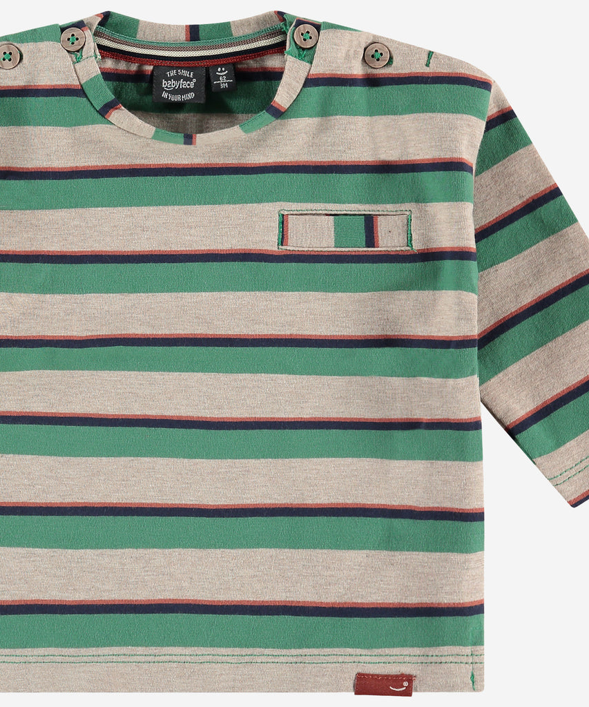 Details:  This Baby LS T-shirt is perfect for your little one. Featuring a soft fabric and long sleeves, the t-shirt keeps your baby warm. The unique stripes gives this piece a playful touch. Perfect for casual wear on cool days. Easy opening with 2 push buttons on side of the collar. Round Neckline.  Color: Leaf green melee  Composition:   95% BCI cotton/5% elasthan  