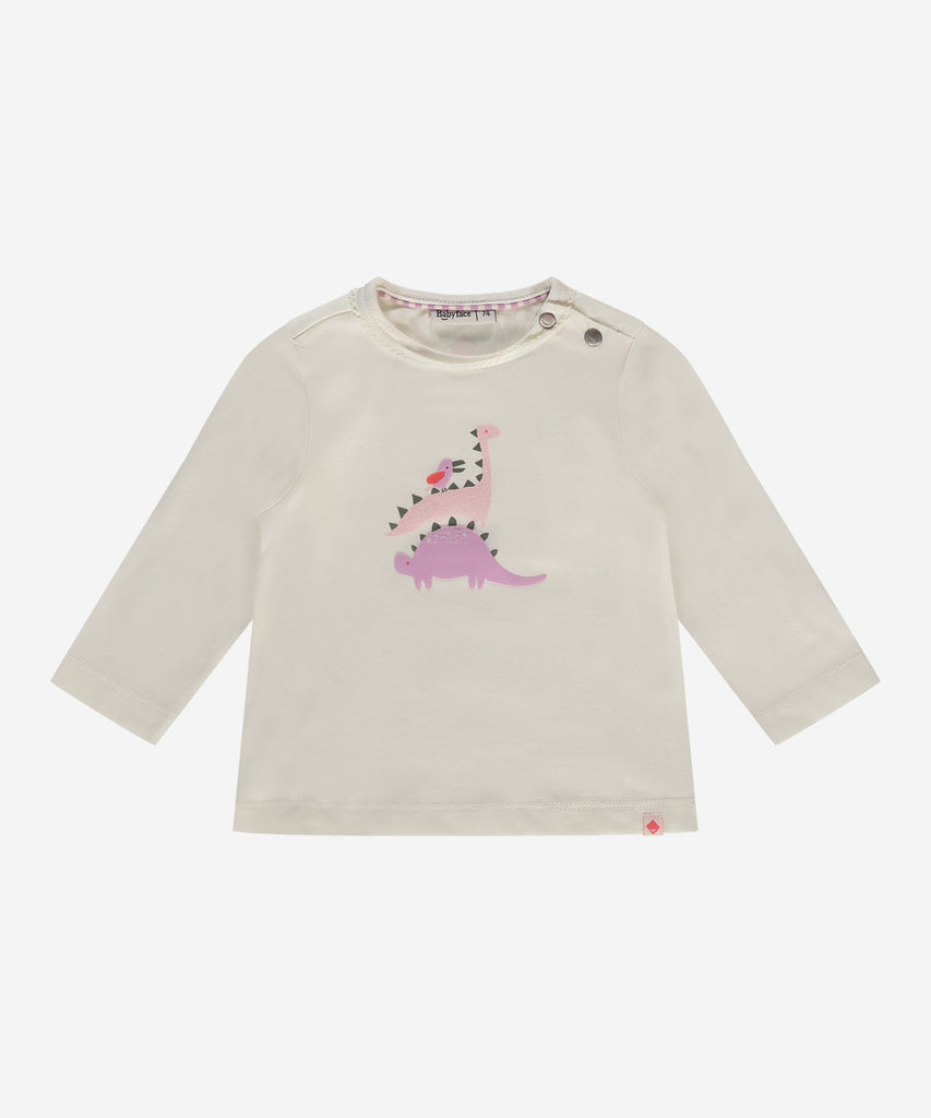 Details: This baby girl's long sleeve t-shirt features a round neckline and buttons on the side for easy dressing. The adorable stacking dinos print on the front adds a playful touch to this cozy ivory shirt. Perfect for keeping your little one comfortable and stylish.  Color: Ivory  Composition:   95% BCI cotton/5% elasthan  