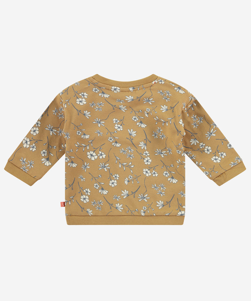 Details:  Keep your little one warm and cozy with this beautiful Baby Sweatshirt with all-over floral print. Crafted from a high quality cotton blend, it features long sleeves and an incredibly soft feel, making it the perfect choice to keep your precious one comfortable all day long. Easy opening with 2 push buttons on side of the collar.  Round Neckline.   Color: Curry  Composition:   95% BCI cotton/5% elasthan  