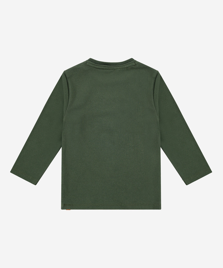 Details: The long sleeve t-shirt is the perfect addition to your wardrobe. Its classic silhouette features long sleeves, and its crocodile print on the front adds a unique touch. For smart, modern fashion, look no further. Up to size 92, easy opening with 2 push buttons on the side of the collar. Round Neckline.  Color: Pine green   Composition: 95% BCI cotton/5% elasthan 