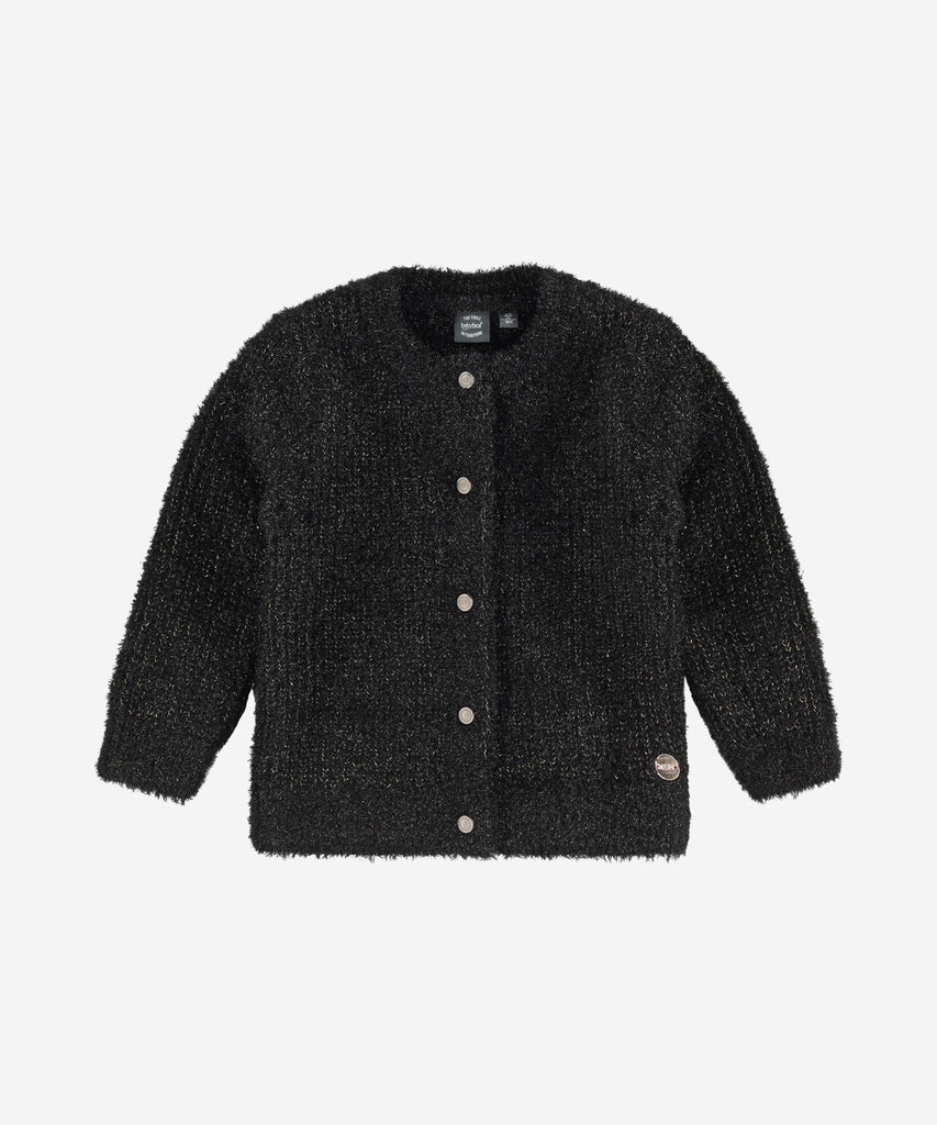 Details: This knitted cardigan is perfect for stylish children. Made from high quality fabric, this cardigan is sure to become a favorite in any kid's closet. Round Neckline. Button closure.  Color: Black  Composition: 98% polyester/2%metallic  