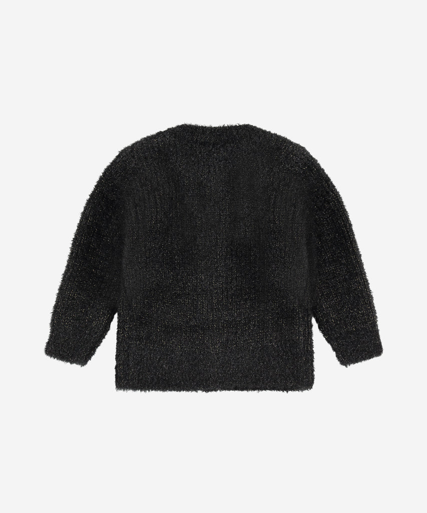 Details: This knitted cardigan is perfect for stylish children. Made from high quality fabric, this cardigan is sure to become a favorite in any kid's closet. Round Neckline. Button closure.  Color: Black  Composition: 98% polyester/2%metallic  