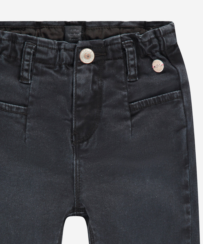 Details: These washed black mom fit jeans make a great addition to any girl's wardrobe. Made from high quality fabric, they feature pockets, belt loops, and a zip and slide button closure for a secure fit. Perfect for any occasion. Adjustable elasticated waistband on the inside. Comfort and durability make these jeans a reliable wardrobe staple.  Color: Washed black denim  Composition: 98% cotton/2% elasthan  
