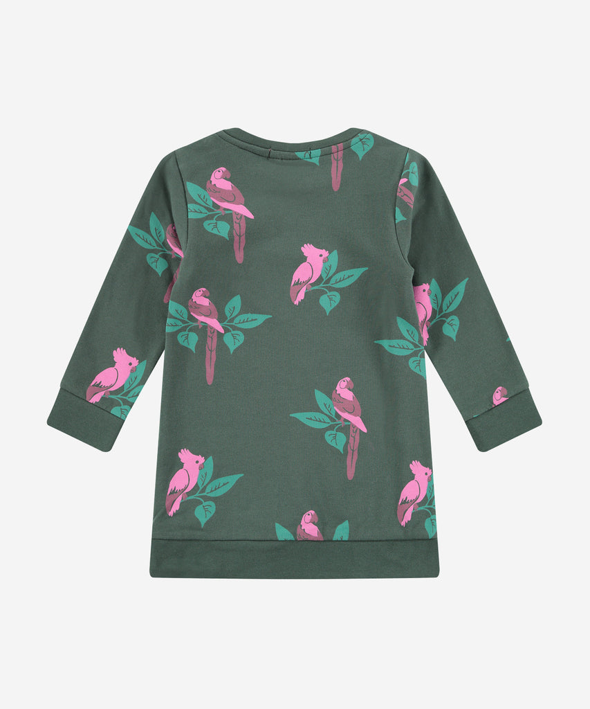 Details: Long sleeve sweat dress with all over print Parrots. Up to size 92, easy opening with 2 push buttons on the side of the collar. Round Neckline.  Color: Bottle green  Composition: 95% cotton/ 5% elasthan  