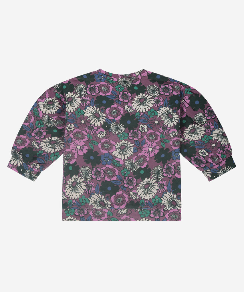 Details: This Sweatshirt is perfect for stylish children. The all over flowers print adds a fun touch to kids' wardrobes. Made from high quality fabric, this sweatshirt is sure to become a favorite in any kid's closet.  Up to size 92, easy opening with 2 push buttons on the side of the collar. Round Neckline.   Color: Plum  Composition: 95% BCI cotton/5% elasthan 