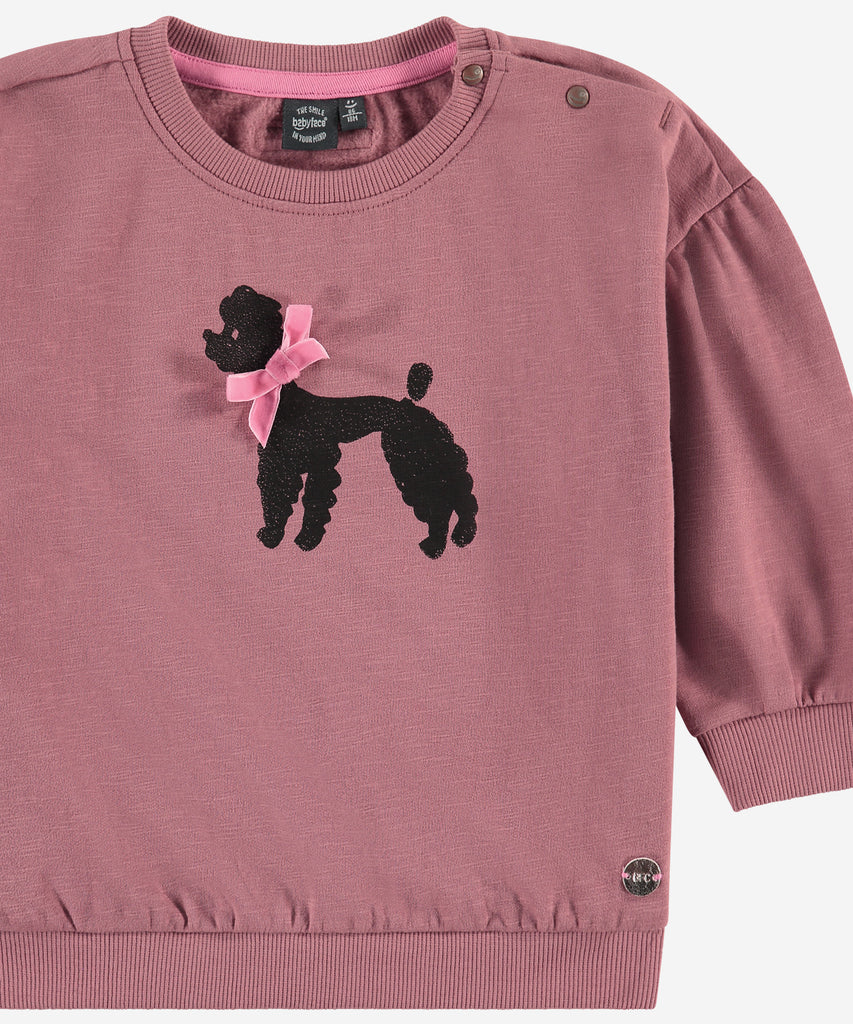 Details: This Sweatshirt is perfect for stylish children. The Poodle print adds a fun touch to kids' wardrobes. Made from high quality fabric, this sweatshirt is sure to become a favorite in any kid's closet.  Up to size 92, easy opening with 2 push buttons on the back. Round Neckline.   Color: Red clay  Composition: 95% BCI cotton/5% elasthan 