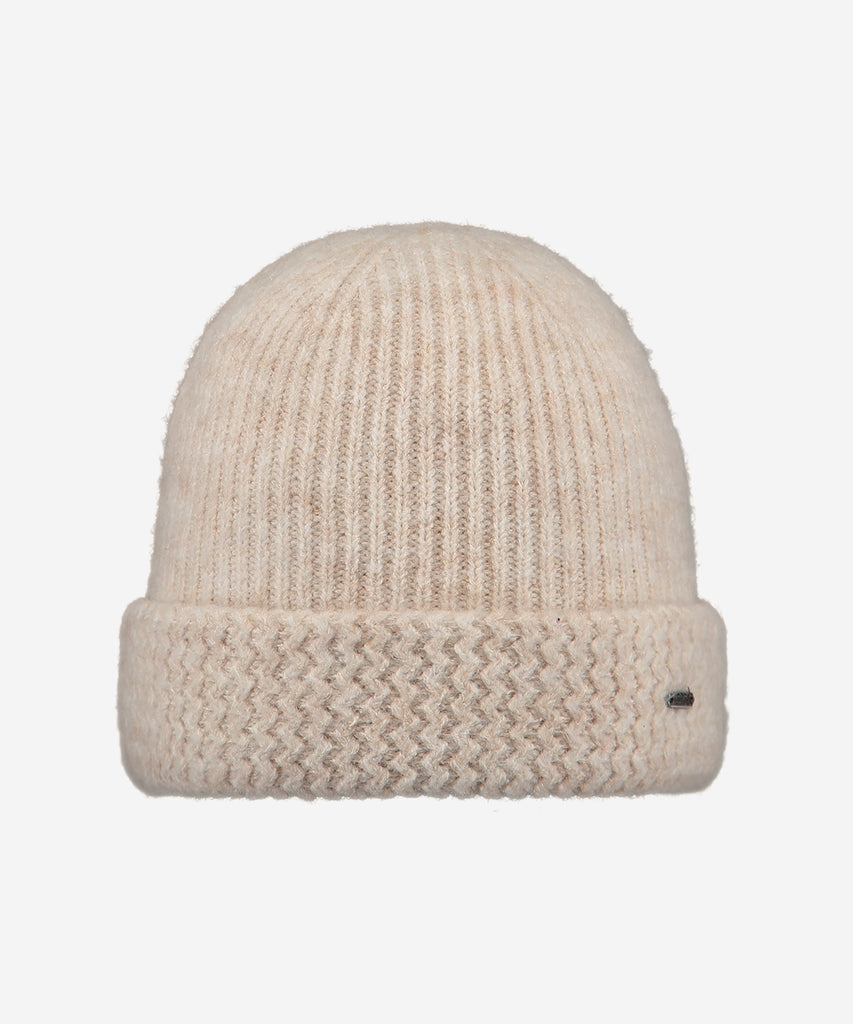 Details: The Shae Beanie is a very soft, stretchy hat with a subtle rib knit and a zigzag turn-up. Perfect to combine with the Shae Col.  Color: Cream melee   Size: 53-55  = 4- 8 years and up  Composition: 74% Acrylic|23% Polyamide/Nylon|3% Elastane 