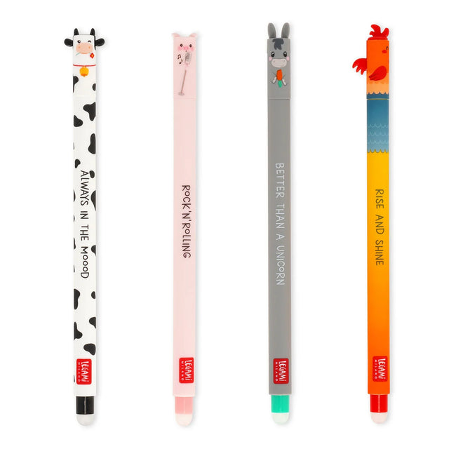 LEGAMI FARM SWEET FARM - SET OF 4 ERASABLE GEL PENS - COW + PIGGY + DONKEY + ROOSTER