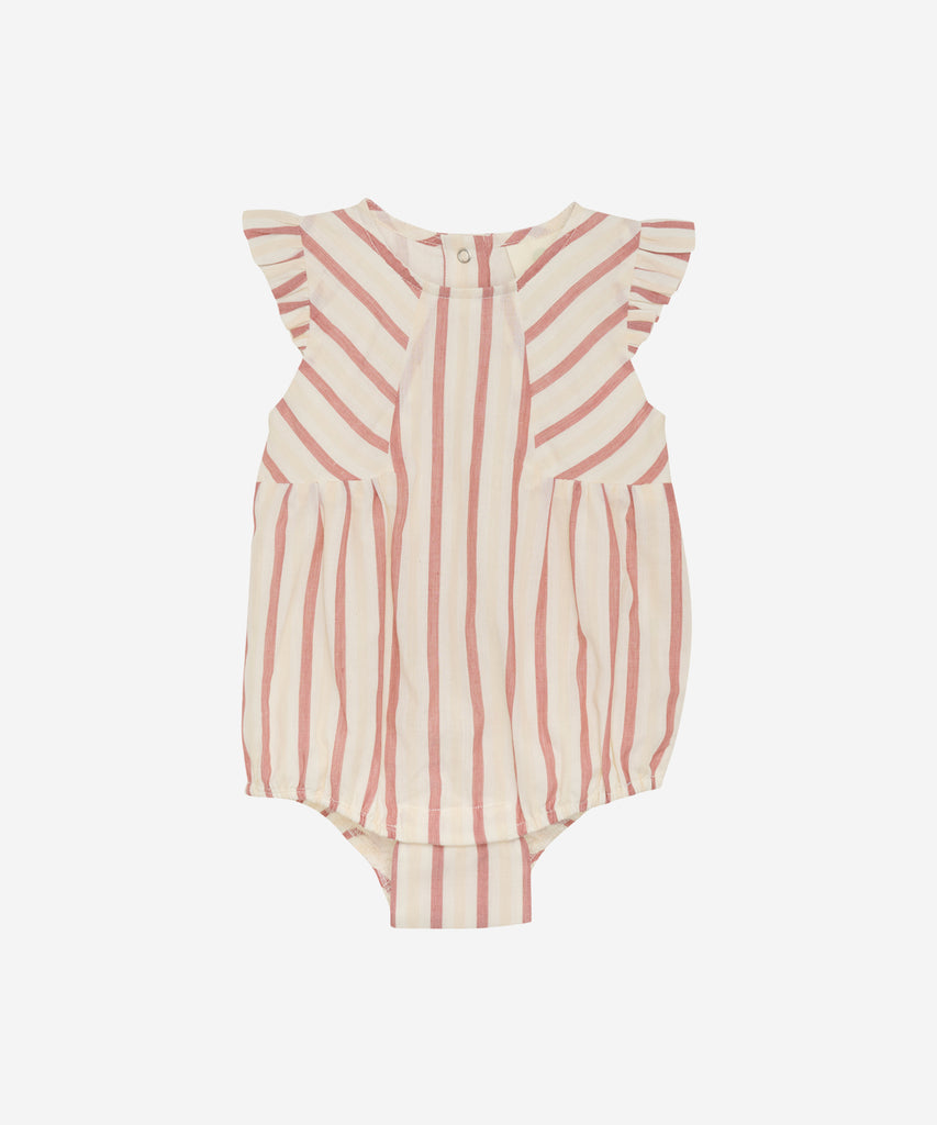 Details: Expertly designed with summer in mind, our Woven Baby Summer Romper is perfect for keeping your little one comfortable and stylish. Featuring convenient push buttons for easy dressing, this romper is made with a trendy striped design. Make dressing a breeze for both you and your baby with our must-have summer romper.  Color: Eggnog  Composition:  Organic Woven Yarndyed 100% Cotton  