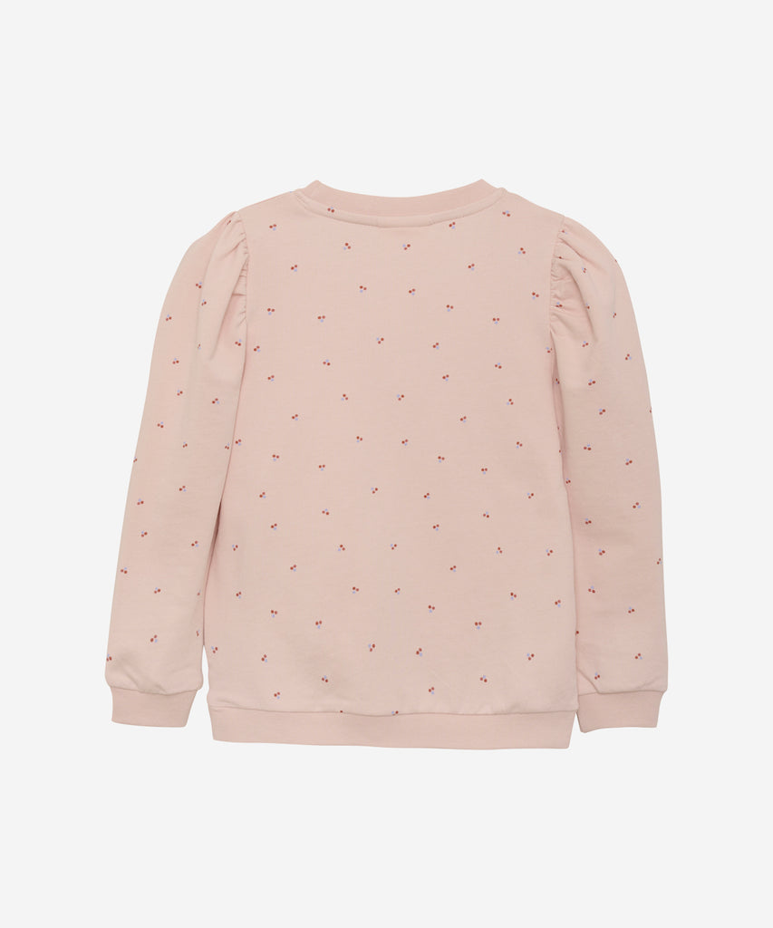 Details: Introducing our girls sweatshirt in peach whip color with playful berry dots. The round neckline and ribbed arm cuffs and waistband provide a comfortable fit for your little one. Keep her warm and stylish with this cute and cozy sweatshirt. Stand out from the crowd with this unique sweatshirt.  Color: Peach whip  Composition:  Organic Sweat 95% Cotton/ 5% Elastane  