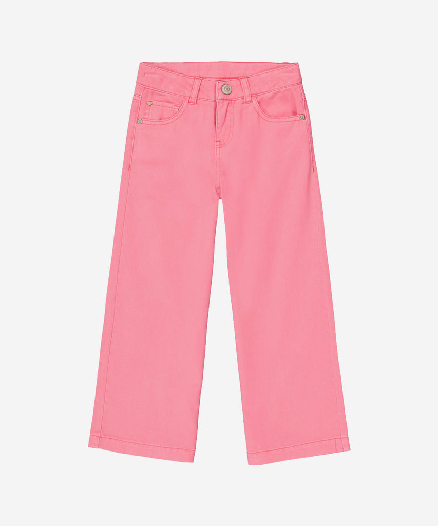 Details:  These girls canvas pants in intense pink offer both comfort and style. With a wide leg design and convenient pockets, these pants provide easy movement and ample storage. The button and zip closure, along with belt loops, ensure a secure fit. Plus, the adjustable elastic on the inside offers a customized fit. Perfect for any young fashionista.Elevate your wardrobe with these statement pants."    Color: Intense pink  Composition: 100% Cotton  
